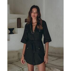 EUC Pampelone Mae Black Linen Utility Dress Sz Small Button Down 3/4 Sleeve Mini